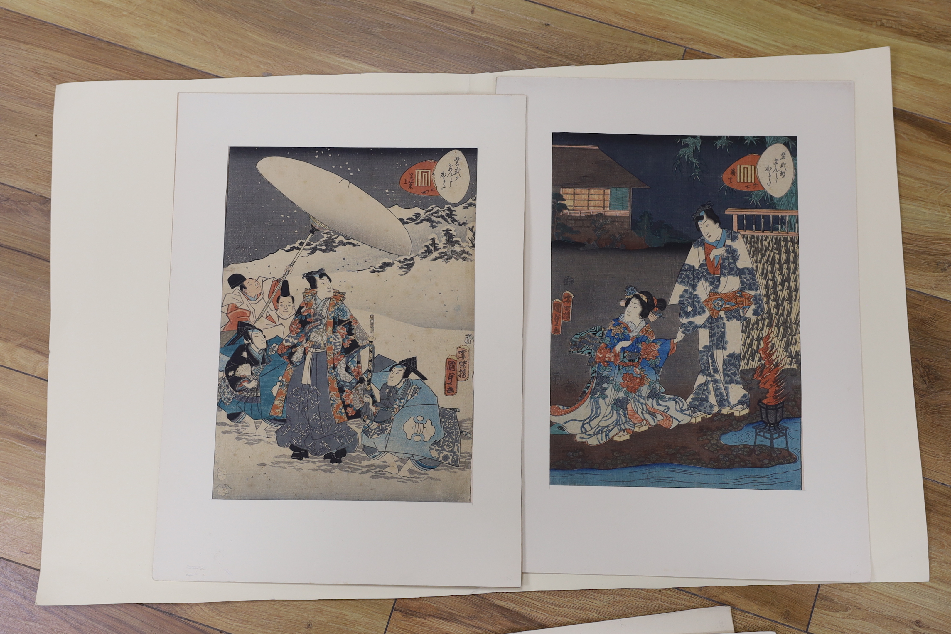 A folio of six Japanese woodblock prints, including examples after Utagawa Kunisada and Utagawa Kunisada II, mounted, unframed, 34 x 23cm